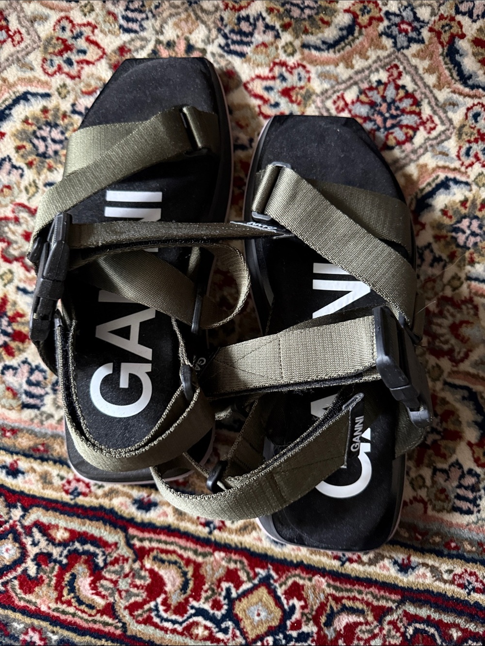 Ganni Olive Green and Black Strappy Sandals